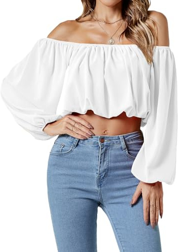Umenlele Women’s Casual Off Shoulder Ruched Lantern Long Sleeve Crop Top Shirt Blouse Pearl White Large