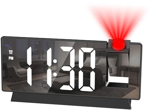 KeeKit Projection Alarm Clock with 180° Rotatable Display, Digital Mirror Clock with Auto Dimmer, 4 Adjustable Brightness Levels, Snooze, 12/24H Format for Bedroom, Office, Home