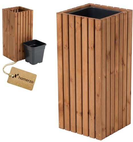 HOMERZO Pflanzkübel Holz – imprägniert wetterfest – mit herausnehmbarem Kunststoffeinsatz – Pflanztopf Blumenkasten für Balkon Garten Terrasse (Vertikal-braun 36x36 H80 cm)