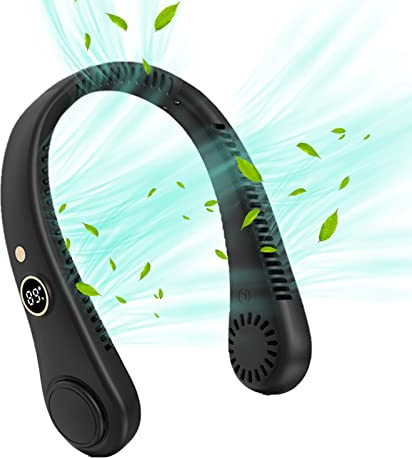Pouway Neck Fan with 5 Speeds & LED Display, 1500mAh Portable Bladeless Neck Fan, USB Rechargeable, Hands Free Wearable Mini-Fan for Women Men Home Office Travel Outdoor