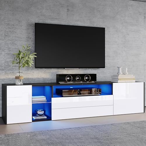 Merax TV-Schrank mit LED, Fernsehschrank Hochglanz mit 2 Türen und 2 Schubladen, TV-ständer für Fernseher bis zu 75 Zoll, TV Lowboard für Wohnzimmer, Schlafzimmer, Esszimmer, 180cm, Schwarz & Weiß