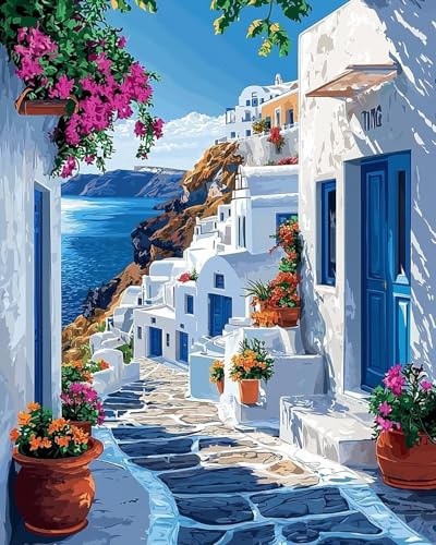 GJSZZO Paint by Number for Adults Beginners, Easy Seaside Town Adults Paint by Number Kits on Canvas, Coastal City Oil Painting Kits for Home Wall Decor Gift 12x16Inch