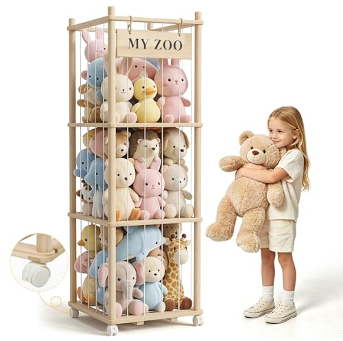 Nastopee Kuscheltier Aufbewahrung, Holz Stofftier Aufbewahrung, Mit 360°Bremse-Ausgestattete Räder, Große Kapazität Kuscheltier Stofftier für Spielzimmer, Kinderzimmer, Schlafzimmer (3)