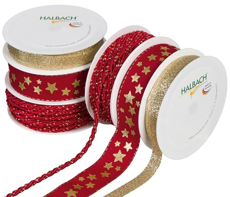 Halbach Geschenkband und Kordel Set Weihnachten, 6 Rollen, rot/gold | 2 x 3 Rollen hamonisch aufeinender abgestimmte Kordeln und Schleifenbänder, Made in Germany für Geschenke und den Christbaum