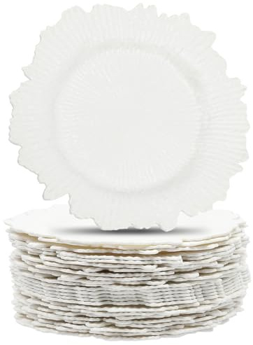 LOYALHEARTDY 24 Pack 13 Inch White Charger Plates, Plastic Reef Textured Rim Round Decorative Underplates for Wedding, Party, Dinner Table