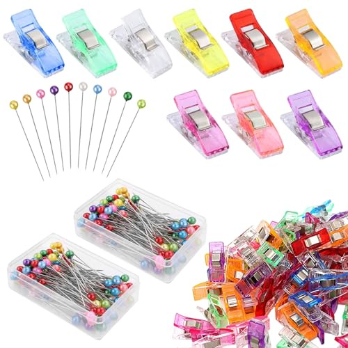 Vbxvsa Syklämmor stiftset, 50 färgglada tygklämmor + 200 stift med pärlhuvud, sytillbehör för sömnad, quiltning, hantverk (flerfärgad)