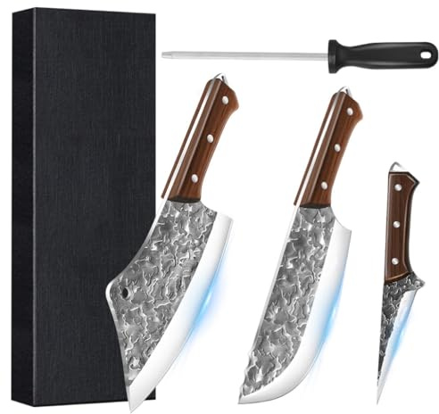 MDHAND Metzgermesser Set 3-teilig Handgeschmiedetes Serbisches Kochmesser Set mit Ausbeinmesser Hackmesser & Wikinger Messer, Profi Küchenmesserset für Fleisch, BBQ & Outdoor– Geschenk für Männer
