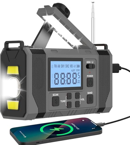 Notfall-Solar Radio, 10000mAh Notfall Kurbelradio, AM/FM Radio, Taschenlampe+ Leselicht, SOS-Alarm, Powerbank, 3-Ladearten (Solar/USB/Handkurbel), für Camping/Wandern/Stromausfall,Grau