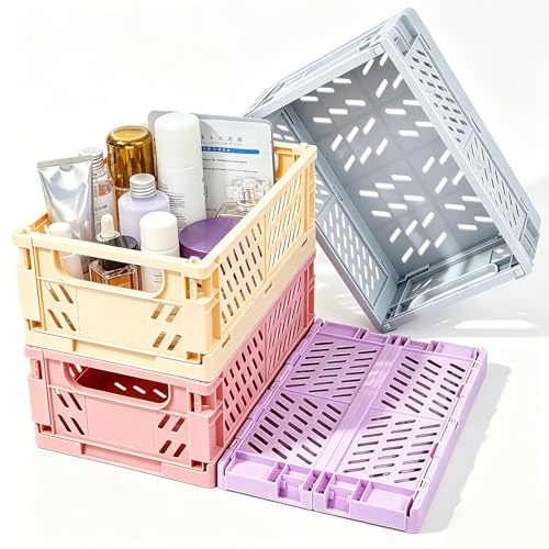 WDZGX Klappbox Klein Klappkorb Faltbar Klappkiste mit Henkel Faltbarer Bunt | Aufbewahrungskorb Klappkisten Stapelbar Aufbewahrungsbox Klappbar für Schrank Küche Arbeitszimmer Büro 4Stk 25,3 x 16,5 x 3cm