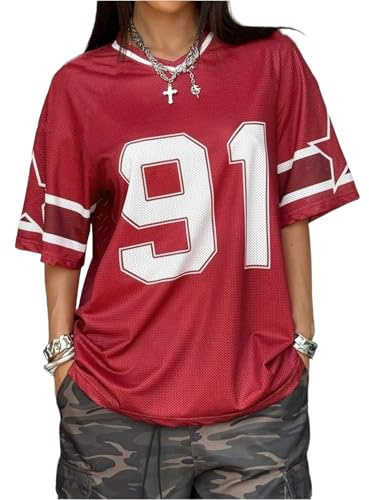 Fronage Women's Y2K Number 91 Print Jersey Oversized Baseball Jersey Short Sleeve Tops Streetwear T Shirt Aesthetic Clothes