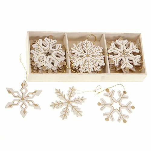 Set von 24 Creme & Golden Schneeflocke Holz Weihnachtsbaumdekoration von Lights4fun