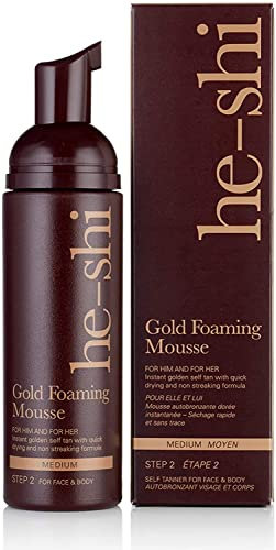 He-Shi Gold Foaming Mousse Instant Self-Tanning Foam - Kein Geruch von künstlicher Bräune - Formel für schnelles Trocknen ohne Streifen - Natürliche vegane Bräune - Künstliche Bräune für Körper und Gesicht (150 ml)