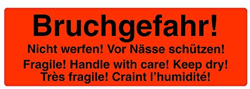 Warnetiketten Bruchgefahr 149 x 48 mm - 125 Stk. - Leuchtfarbe (fluoreszierend) - stark haftend. Hinweisetiketten/Versandetiketten