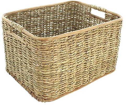 Aufbewahrungskorb aus Rattan und Schilfstroh, groß, 46x36x28 cm, Schrankkorb, Regalkorb, Wäschekorb