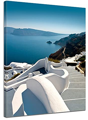 Bilderdepot24 Bild auf Leinwand | Santorini Treppe - Griechenland in 60x80 cm als Wandbild | Wand-deko Dekoration Wohnung modern Bilder | 202579