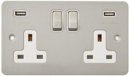 AET USBFSC2GSOCWC Satin Chrome Flat 2 Gang w Charging Ports White Insert Metal Rocker Switches-13 Amp Double Plug Socket & Dual USB Power Outlet