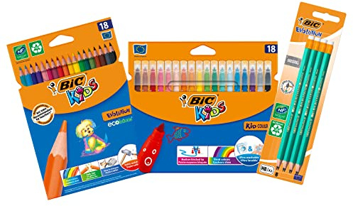 BIC 942148 Kids Buntstifte, Fasermaler & Bleistift 3-in-1 Set mit kunterbunten Stiften für Kinder ab 5 Jahren - sicheres Malen mit 44 Stiften