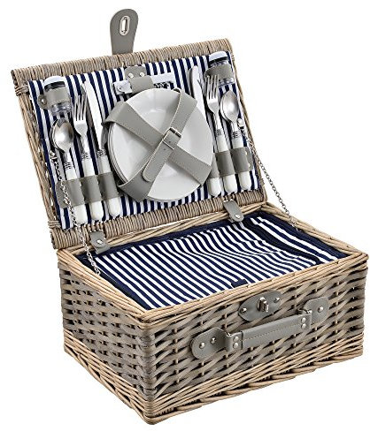 casa.pro Picknickkorb für 4 Personen - Picknick-Set mit Kühltasche inkl. Geschirr, Besteck, Korkenzieher und Gläser (blau-weiß)