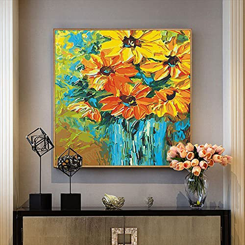 Ölbilder Auf Leinwand Handgemalt,Moderne Abstrakte Blumen-Sonnenblume 100% Handgezeichnetes Acryl-Gemälde-Kunstwerk, Große Nordische Strukturierte Kunst-Gemälde Rahmenlose Coole Bilder-Kunst-Wand