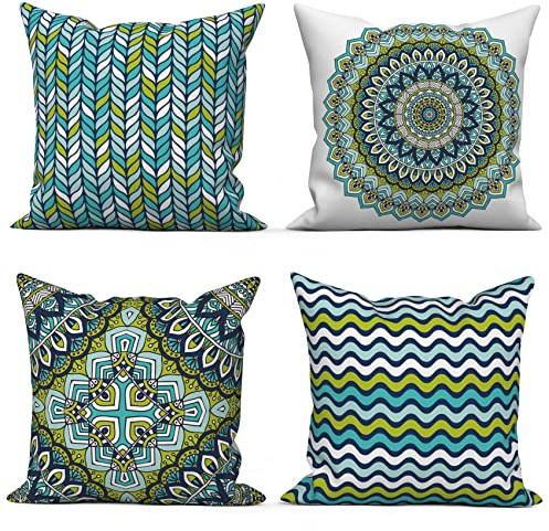ASDCXZ Boho örngott 40 x 40 cm set om 4, retro boho geometriskt Datura-mönster grön soffa dekorativ kuddar prydnad örngott tvättbar polyester linne textil stoppning