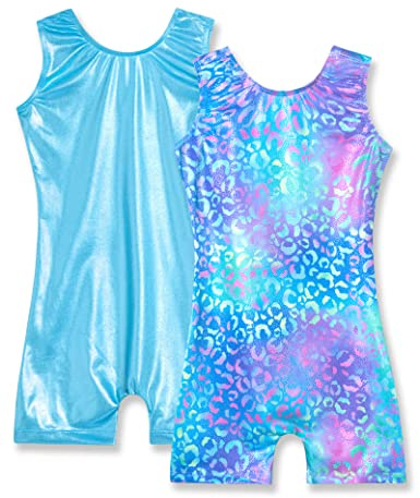 Nymphperi Gymnastics Leotards for Girls 2 Pack Size 5-6 Years Old Sparkle Comfortable Blue Biketard with Shorts Shiny Breathable Green Purple Leopard Dancewear for USA Kids Daily Wear