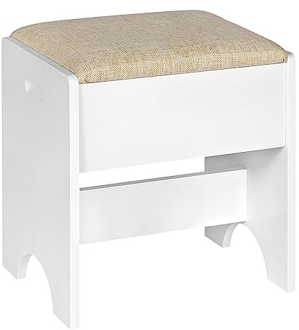 WOLTU Taburete Tocador, Taburete Maquillaje para Dormitorio, Silla Tocador con Asiento Tapizado en Lino Transpirable, Estructura MDF E1, 40x30x45cm, Beige+Blanco, MB6098be