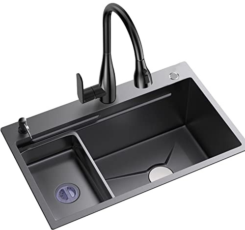 BGFYUSF Lavello da Cucina per la casa Lavello da appoggio Lavello Singolo in Acciaio Inox Calibro 18 Lavello da postazione di Lavoro Lavello Grande con 7 raccordi，Black-65 * 46 * 22cm