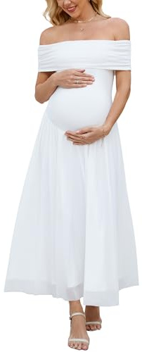 OUGES Women's 2026 Summer Spring Off The Shoulder Mesh Maxi Maternity Baby Shower Dresses for Photoshoot Party Wedding Guest Sleeveless Pleated Formal Long Flowy Pregnancy Must Have Clothes(White,L)