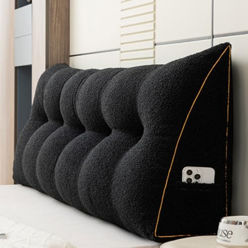 Large Headboard Wedge Pillows Teddy Velvet, Double Single Queen King Size Bed Reading Cushion Bed-Backrest Positioning Support, Triangular Headboard Pillow With Removable Cover(100x50x20cm,Black)