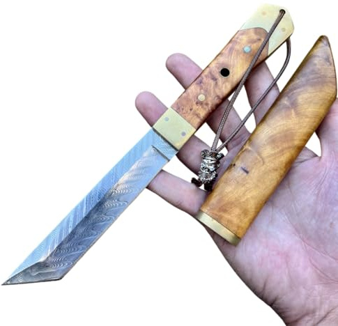 Obespina Magnifique Couteau Lame Fixe Acier Damas Tanto Full Tang Tranchant Bois Stabilisé Collection San Maï Japonais EDC Extérieur Camping Étui Intégral Cadeau Homme Suminagashi Bushcraft