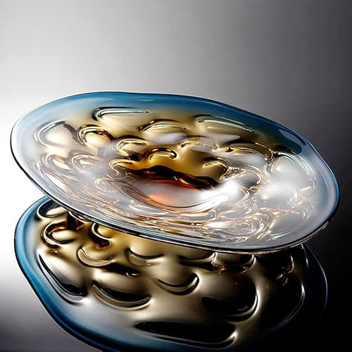 Luxury Gradient Art Glass Oval Fruit Bowl, Extra Large Modern Crescent Moon Design with Flowing Amber-Blue Glass, Premium Coffee Table Centerpiece
