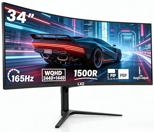 LXZ 34 Pouces Écran PC Gamer Incurvé 165 Hz, UWQHD 3440×1440, Moniteur Gaming Courbé 1500R, HDR, 1 ms MPRT, Format Ultra-Large 21:9, Haussement réglable, avec Ports 2×HDMI 2.0 et 2×DisplayPort 1.4