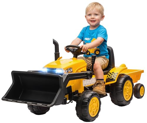 AIYAPLAY Escavatore per Bambini Elettrico 12V con Benna e Rimorchio Staccabile, Trattore Elettrica Cavalcabile con 2 Motori, Telecomando, Connessione Wireless, USB, Luci e Musica, 3-8 Anni, Giallo