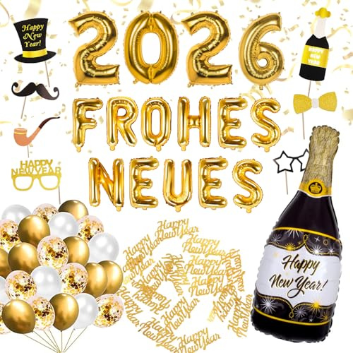 XXL Silvester Deko Set 2026 – XXL “FROHES NEUES” Ballons, Luftballons, Fotorequisiten, Tischdeko zur Neujahrs-Party