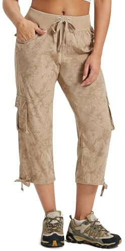 JINSHI Pantalones Cargo Mujer Verano 3/4 Capri Pantalón Casual Ligero Pantalones de Senderismo Deportivos 6 Bolsillos Caqui Camuflaje Talla 2XL