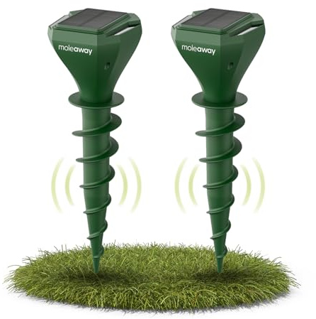 Moleaway ORIGINAL Solar Maulwurfschreck mit seismischer Vibration, Maulwurf- & Wühlmausabwehr für Garten & Rasen, Patentierte Frequenz-Technologie, USB-C-aufladbar, Wetterfest IP65, 2er Set