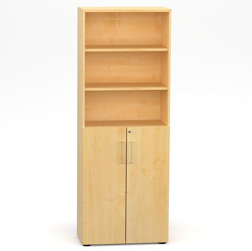 Flügeltürenschrank Cabino 80×42×216 cm – abschließbarer Aktenschrank 3OH mit Regalaufsatz 3OH in Ahorn mit 110° Drehtüren & Metallgriff