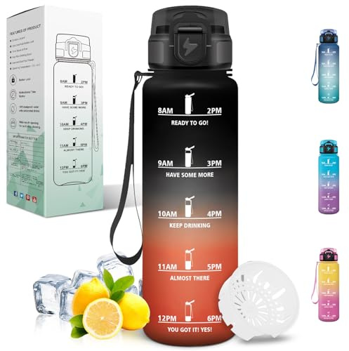 Motswedi Borraccia 1 Litro, con Filtro, Borraccia Palestra, a Prova di Perdite, Bottiglia acqua, Motivazionale, Borracce 1 litro, per Palestra, Escursionismo, Ciclismo, Nero & Rosso