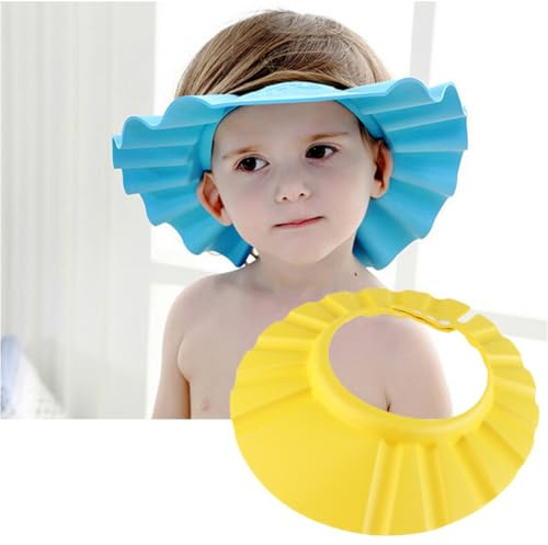 Adjustable Baby Shower Cap Yellow Waterproof Shampoo Hat | Eva Resin and Plastic Build, Elastic Snap Buttons, Easy-to-wear Fit for Kids and Infants