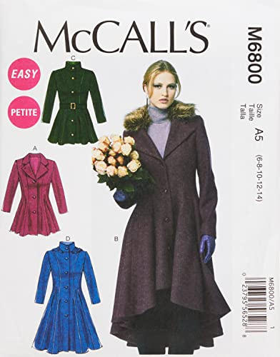 McCall's Patterns M6800 A5 6 - 8 - 10 - 12 - 14 Misses' - Miss Petite Lined Coats, Belt and Detachable Collar and Hood, Pack of 1, White
