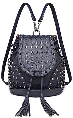 Miss Lulu Small Gothic Skulled Backpack Handbags for Women Shoulder Rucksuck with Chain Faux Leather Studded Embossed Skulls Tassels for Travel School
