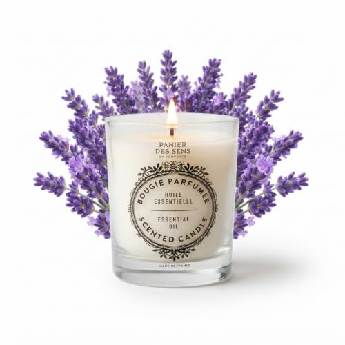 Panier des Sens Duftkerze Lavendel für Entspannte Momente - 180g | Kerzen Aromatherapie - Deko-Kerze im Glas - Lavendelduft - Natürliche & langlebige Kerze Made in France - pflanzliches Wachs