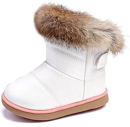 KVbaby Mädchen Warm Gefütterte Schneestiefel Baby Kinder wasserdichte Winterschuhe PU-Leder Kleinkindschuhe Weichsohlen Schlupfstiefel, Weiß, Größe 23 EU = Etikett 24