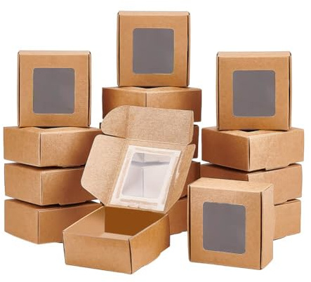 BENECREAT 30 Pack Kraftpapierboxen mit klarem Fenster 6.5x6.5x3cm Burlywood Geschenkverpackungsboxen für Schmuck Speicher Display, Weihnachten, Hochzeit, Valentinstag
