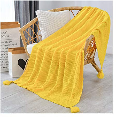 VanderHOME Decke mit Quaste,Acryl Strickdecke Strickfaden Gestrickter mit Quaste weich/leicht/dekorativ/gestrickt/multifunktional für Couch Bett Sofa Reisen 150X200CM Gelb