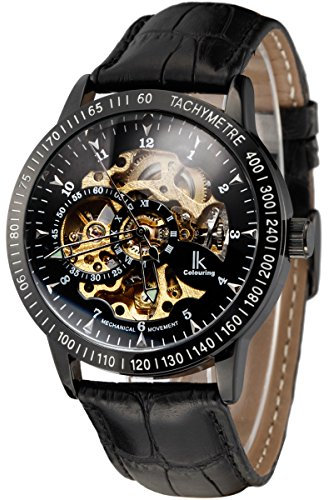 Alienwork IK Automatikuhr Armbanduhr Herren Damen Schwarz Lederarmband Skelett