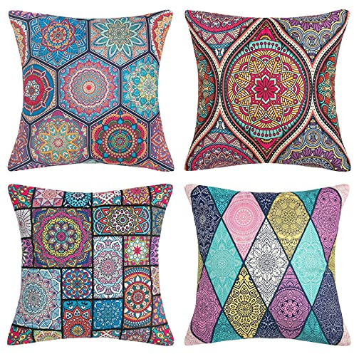 Kissenbezug 45x45cm Quadratisch Überwurf Kissenbezüge Boho Mandala Hippie Dekorativen Kissenhülle Baumwolle Leinen Werfen Kissen für Sofa Schlafzimmer, 4 Stück, 18x18