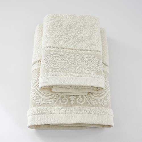 Jenny Sesal Set Asciugamani KATIA, con Balza in Jacquard, Set di due asciugamani da bagno Viso e Ospite PANNA Spugna di alta qualità proveniente da Portogallo.