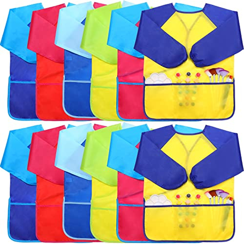 Haysandy 12 Pcs Smocks for Kids Art Smocks for Kids Paint Colorful Children Aprons Artist Painting with Long Sleeve and 3 Pockets for Age 3-8 Years