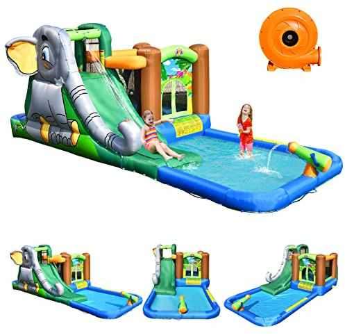 GOPLUS Aufblasbares Hüpfburg mit Gebläse, Wasserpark mit Rutsche, Planschbecken, Kletterwand, Bälle & Wasserkanone, Wasserspielcenter mit Tragetasche und Reparaturset für 5 Kinder von 3-10 Jahren